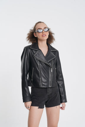 Astrid - Studded Leather Biker Jacket - Black