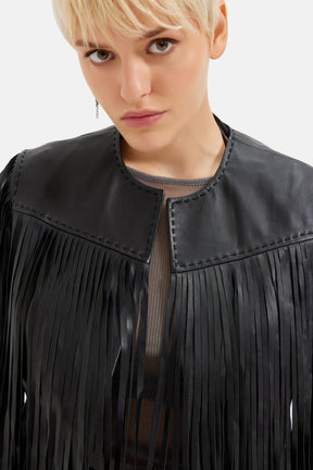 Klara - Leather Fringed Jacket - Black