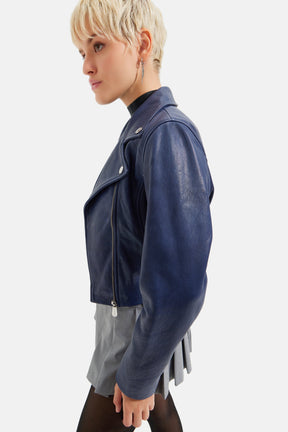 Ellis - Leather Biker Jacket - Navy Blue