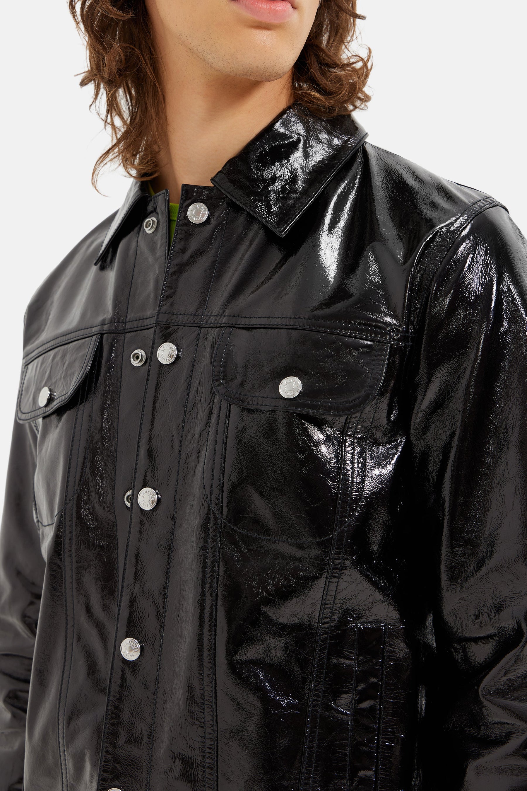 Nexus - Foiled Leather Button-Up Jacket - Black