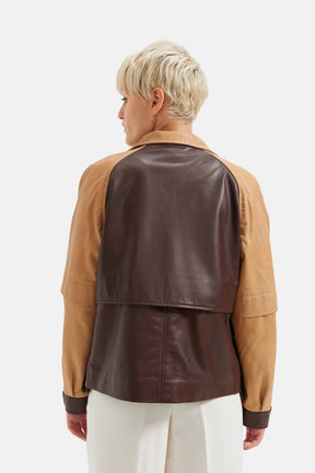 Arya - Dual Tone Leather Zipper Jacket - Sand & Brown