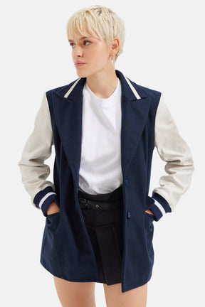 Myra - Varisty Leather Blazer - Navy Blue/White