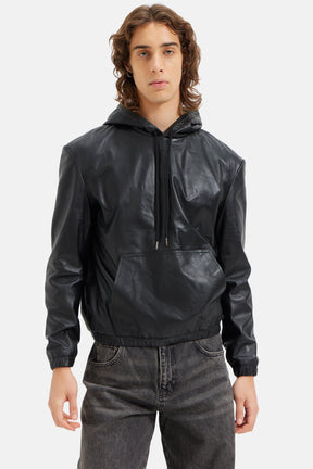 Alpha - Leather Over sized Hoodie - Black