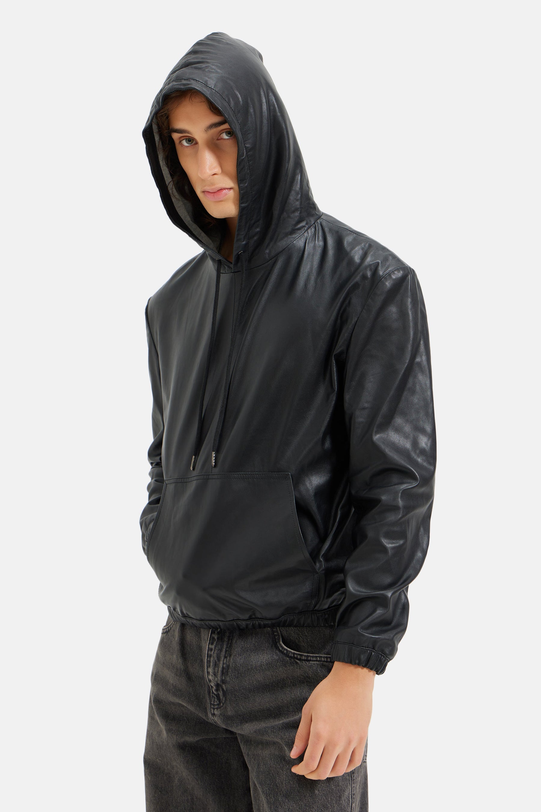 Alpha - Leather Over sized Hoodie - Black