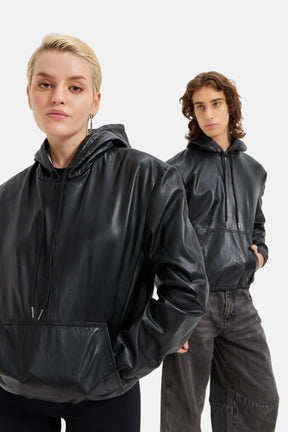 Alpha - Leather Oversized Hoodie - Black