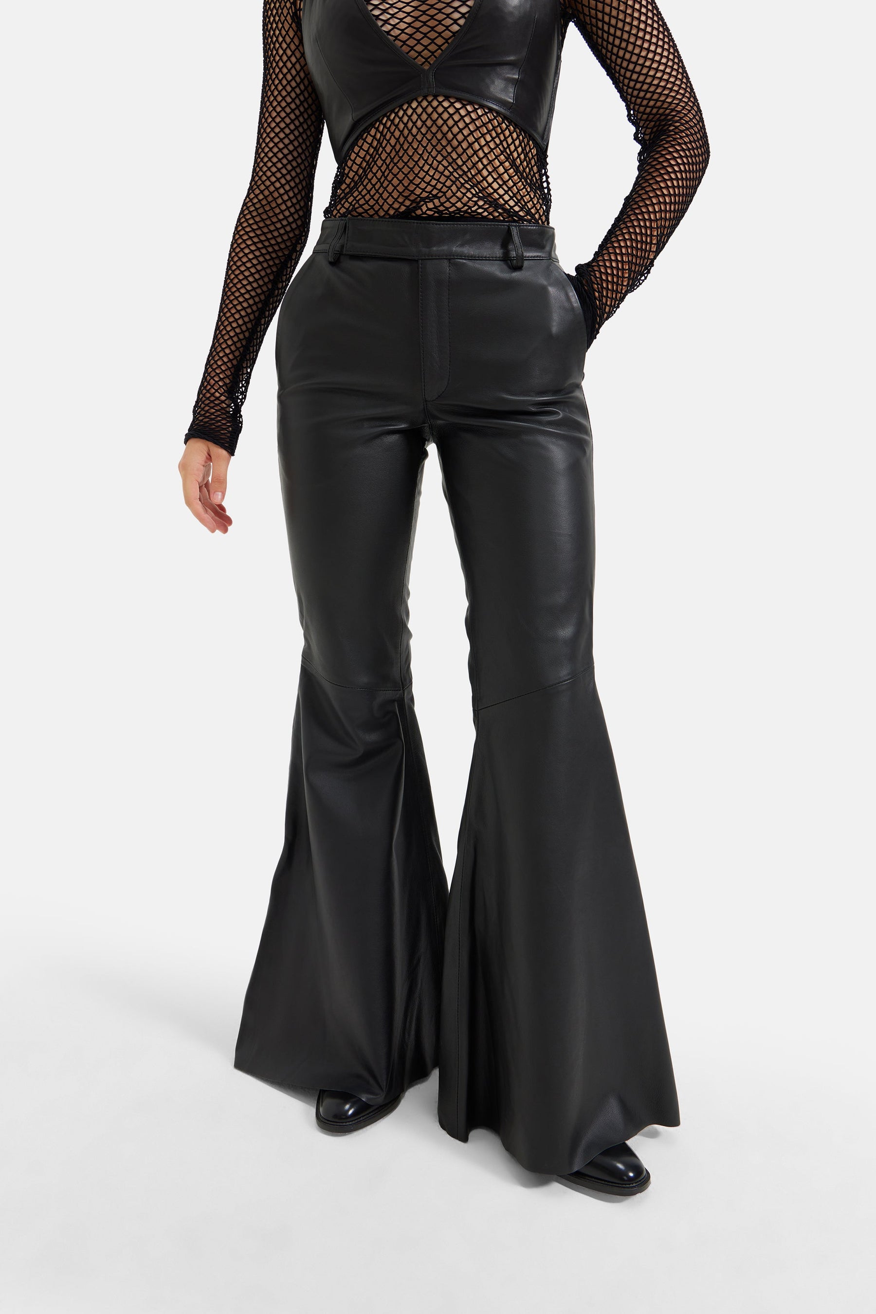 Alara - Flare Stretch Leather Pants - Black