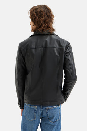 Lux - Button-Up Leather Jacket - Black